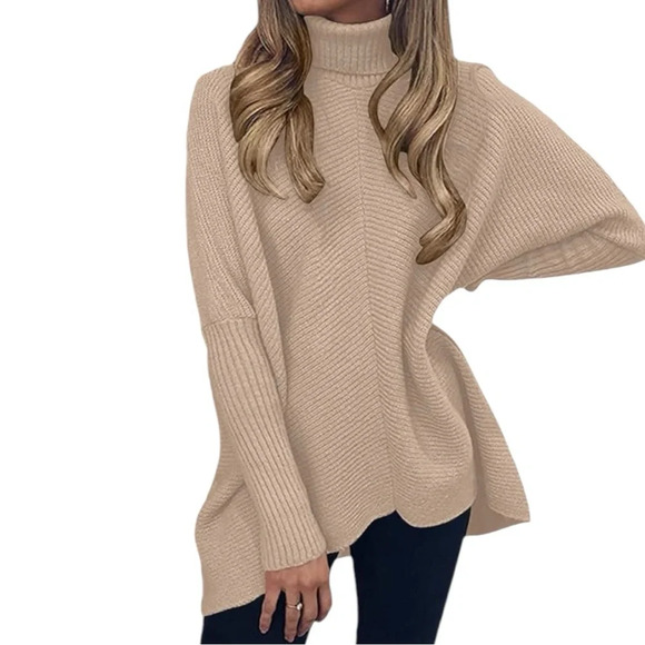 Womens Oversized Turtleneck Batwing Long Sleeve Casual Cozy Baggy Knit Pullover - Picture 3 of 5